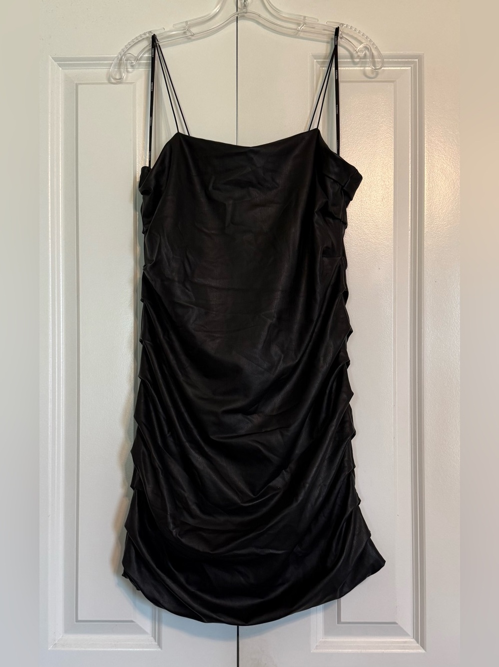 Forever 21 SZ L Black Faux Leather ruched mini Dress spaghetti straps back zip